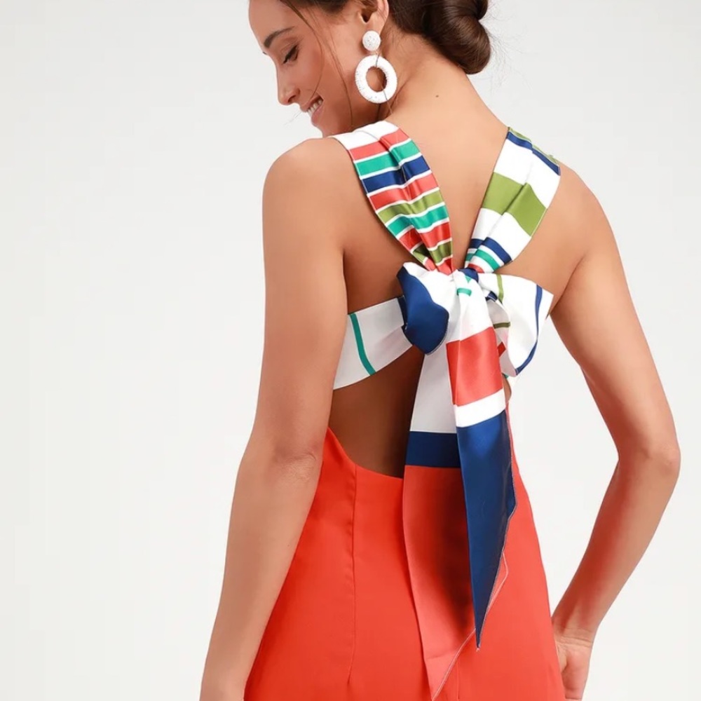 Lulu’s Joyful Red Orange Multi Stripe Tie-Back Mini Dress Size Medium NWT